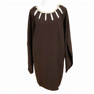 LANVIN PARIS BROWN GOLD METALLIC NECKLINE SHIFT DRESS - 40 (L)